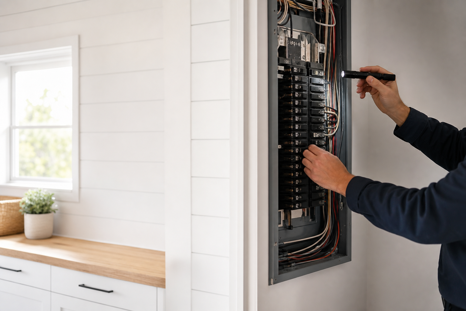 Original starter image of an electrician inspecting a residential electrical panel.